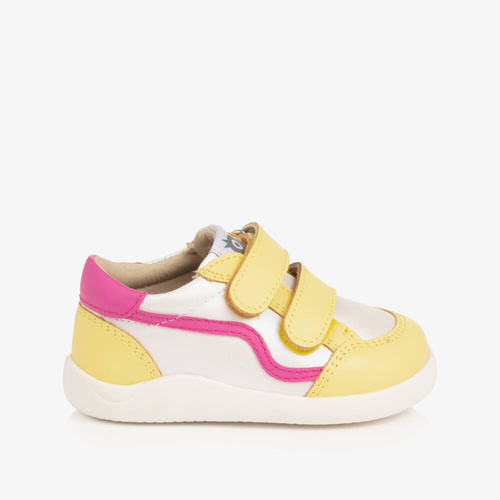 Old Soles-Girls White & Yellow Leather First Walker Trainers | Childrensalon Outlet