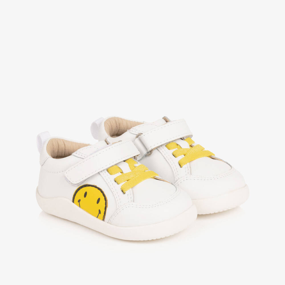 Old Soles-White Leather First Walker Trainers with Smiling Face | Childrensalon Outlet