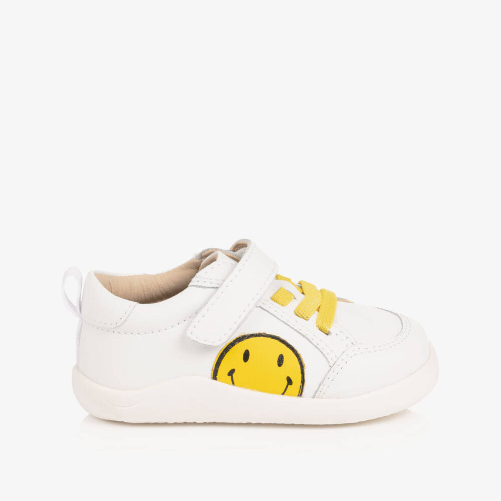 Old Soles-White Leather First Walker Trainers with Smiling Face | Childrensalon Outlet
