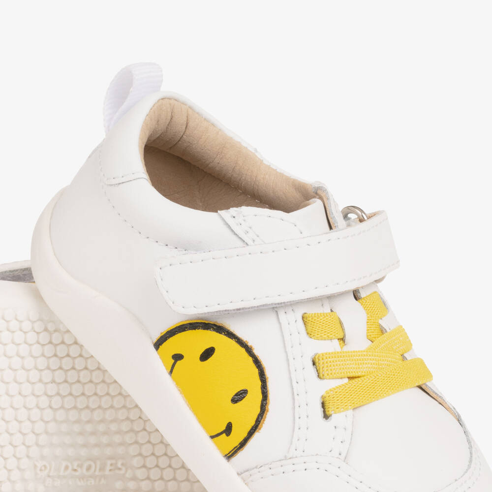 Old Soles-White Leather First Walker Trainers with Smiling Face | Childrensalon Outlet