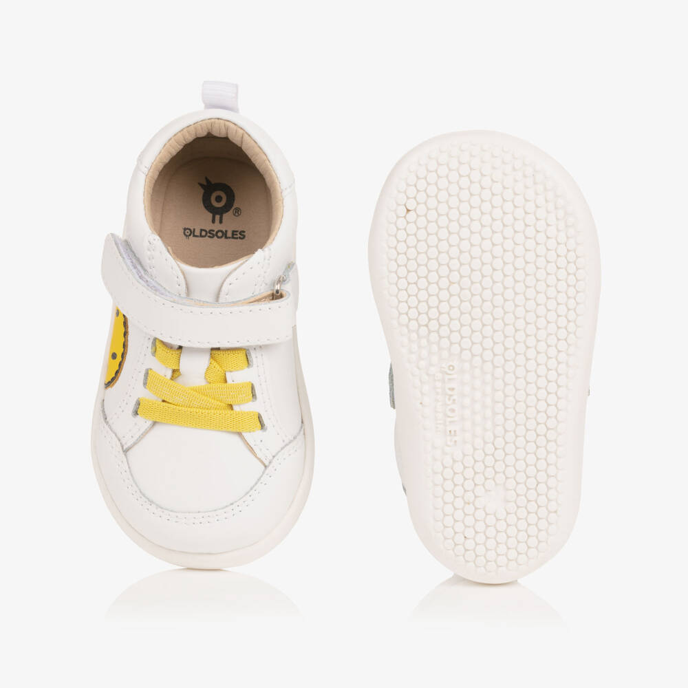 Old Soles-White Leather First Walker Trainers with Smiling Face | Childrensalon Outlet