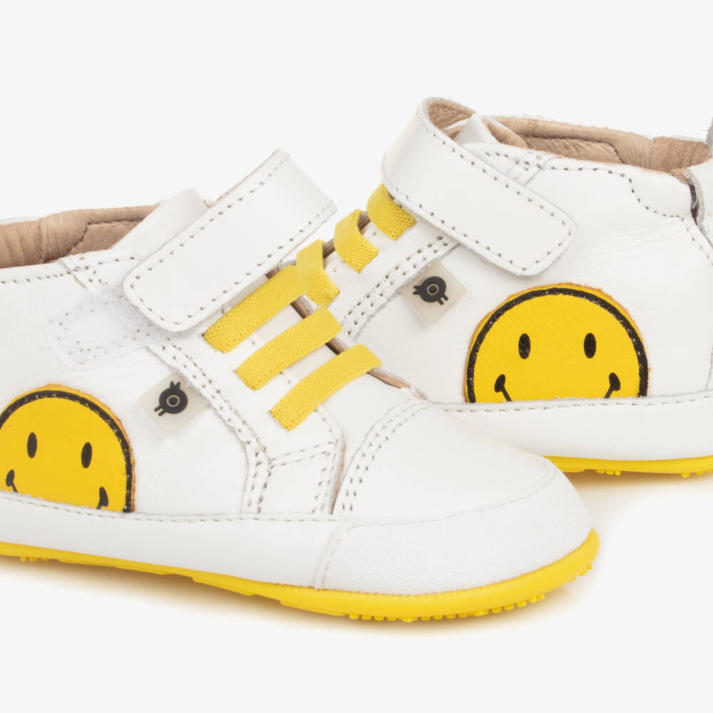 Old Soles-White Leather Happy Face First Walker Trainers | Childrensalon Outlet