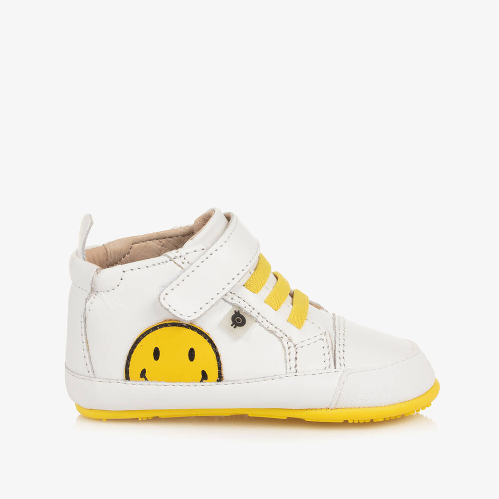 Old Soles-White Leather Happy Face First Walker Trainers | Childrensalon Outlet