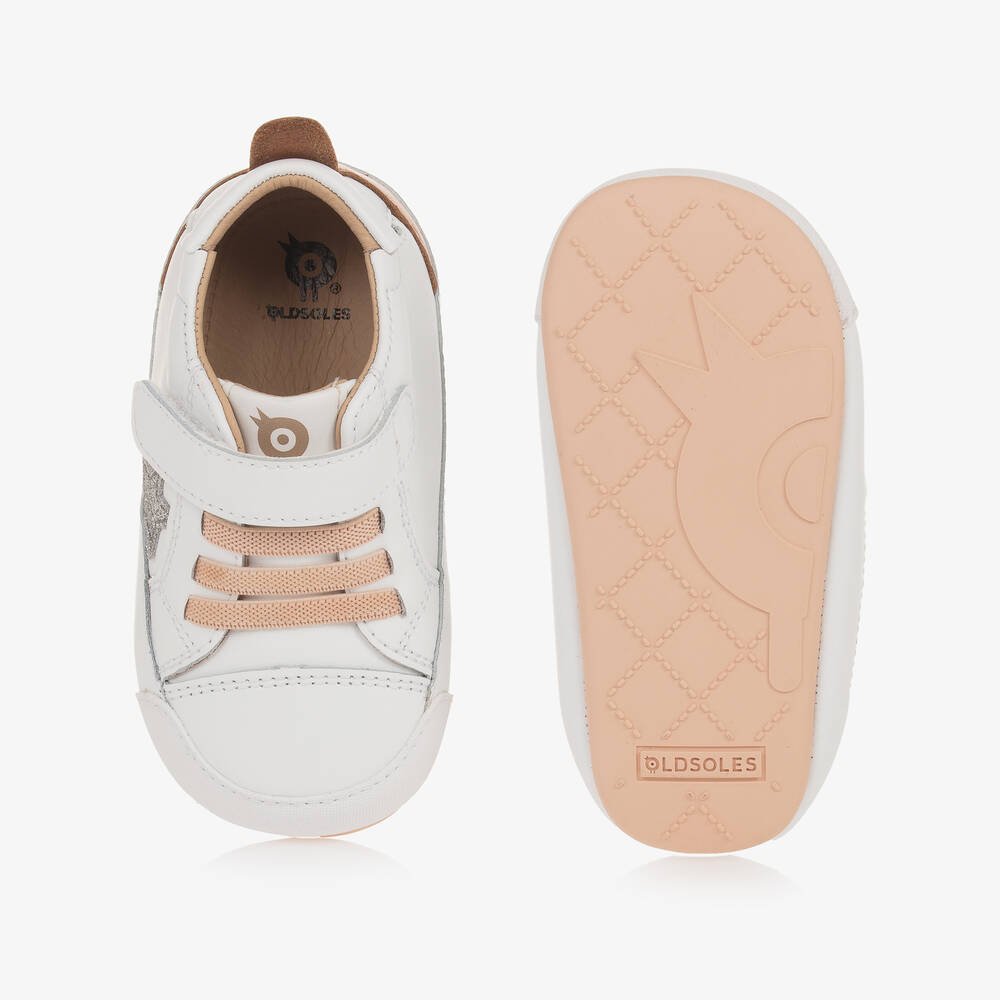 Old Soles-White & Pink Leather First-Walker Trainers | Childrensalon Outlet