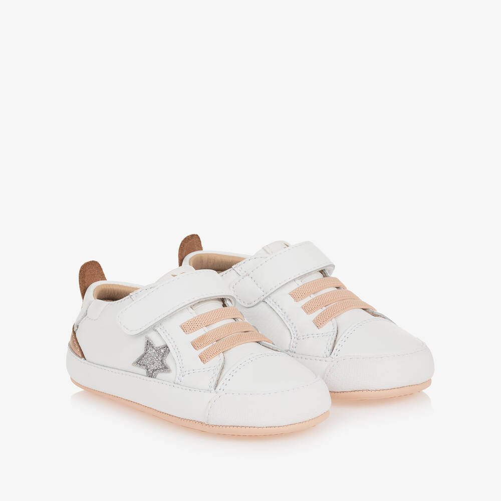 Old Soles-White & Pink Leather First-Walker Trainers | Childrensalon Outlet
