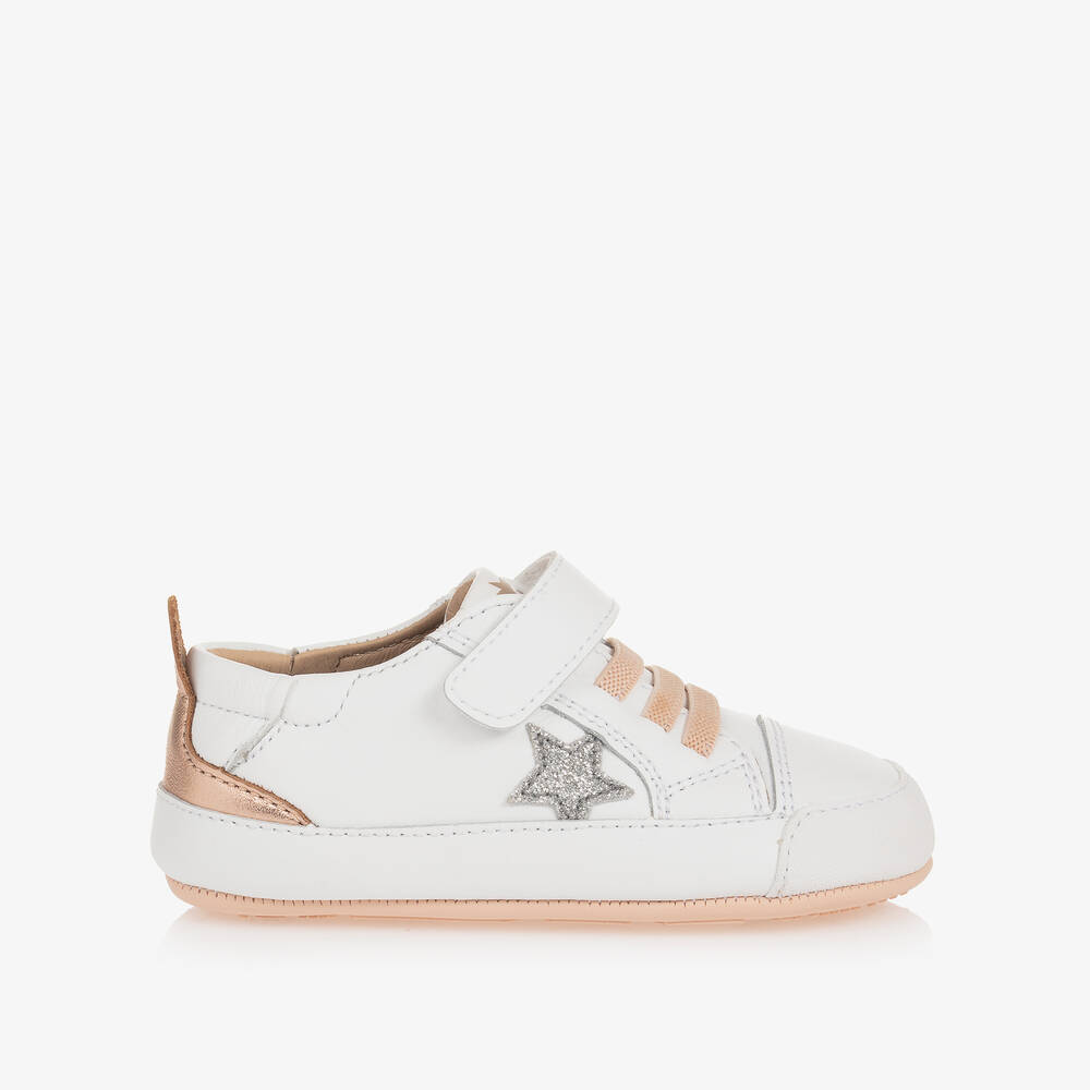 Old Soles-White & Pink Leather First-Walker Trainers | Childrensalon Outlet