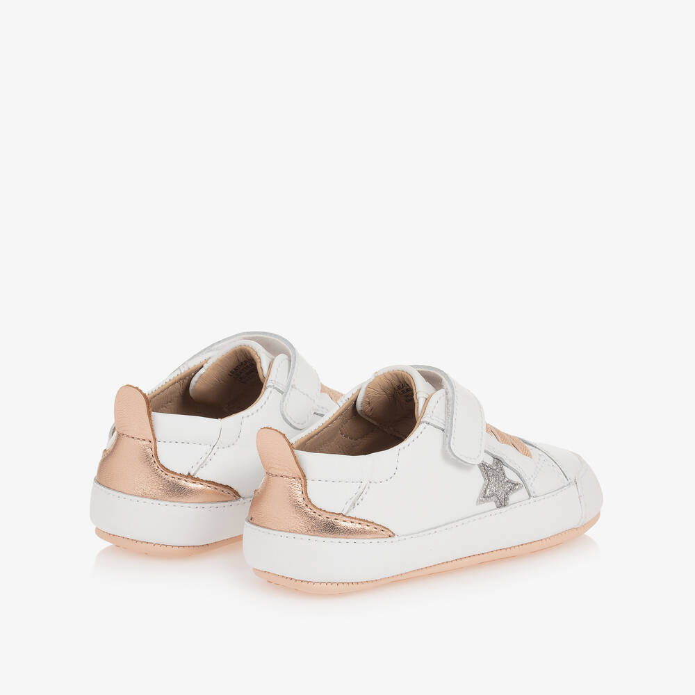 Old Soles-White & Pink Leather First-Walker Trainers | Childrensalon Outlet
