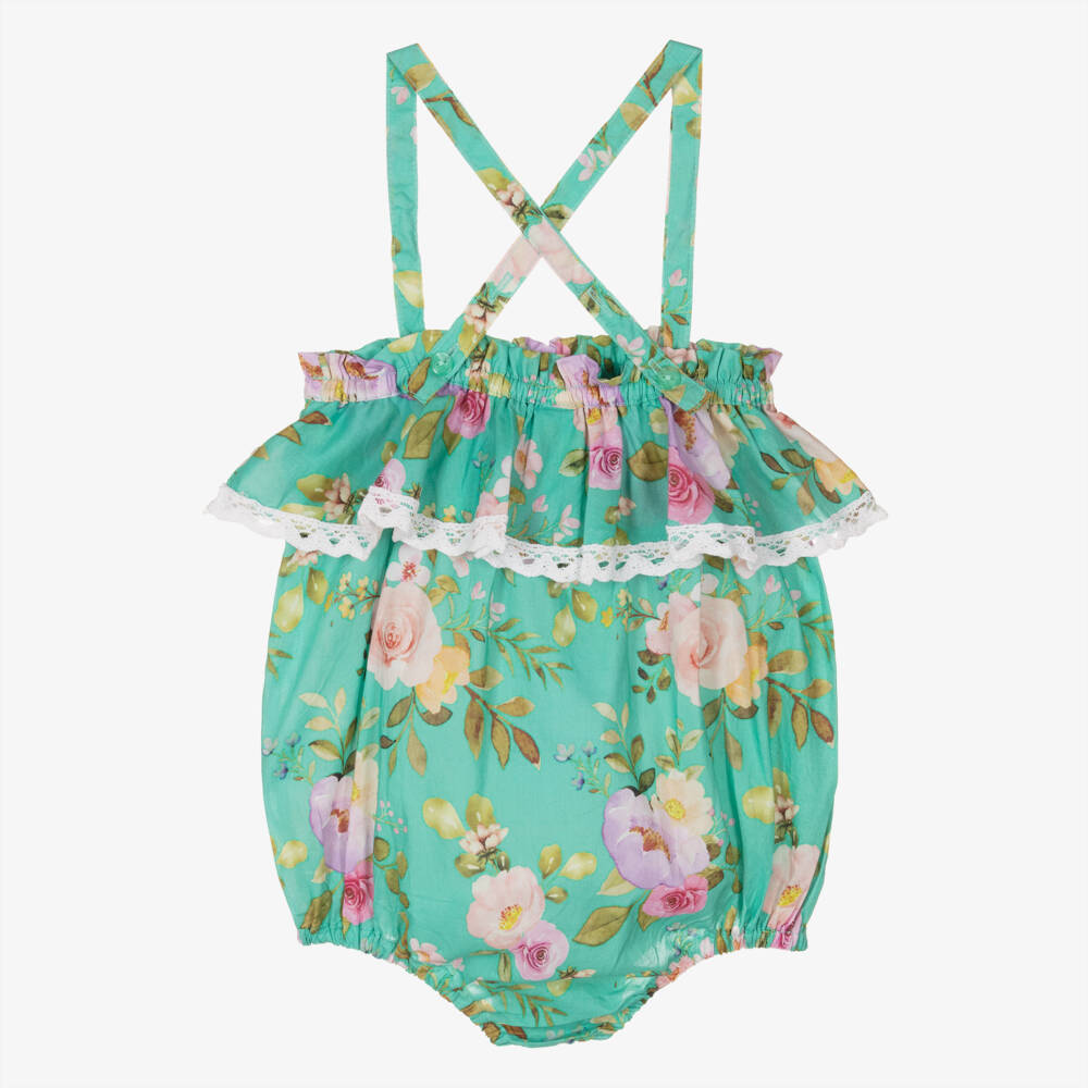 Olga Valentine-Baby Girls Green Cotton Floral Shortie | Childrensalon Outlet