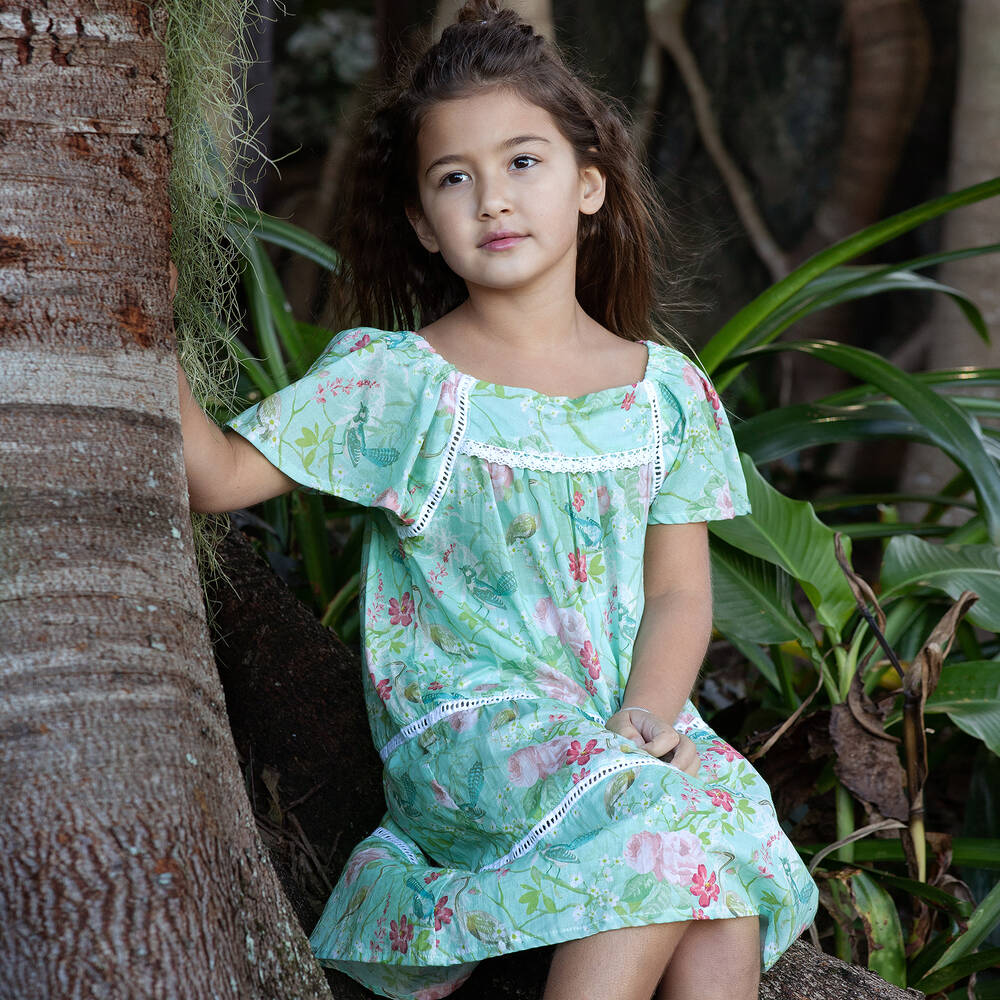 Olga Valentine-Girls Blue Cotton Floral Dress | Childrensalon Outlet