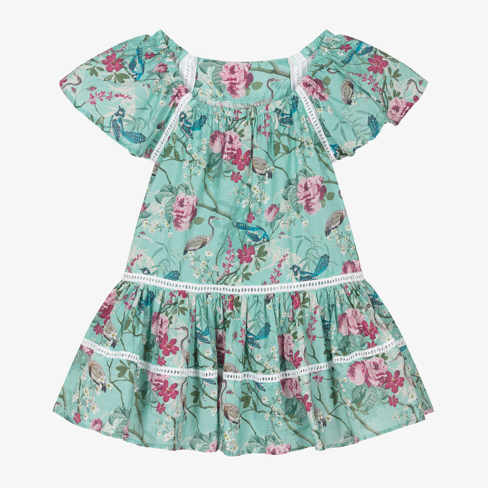 Olga Valentine-Girls Blue Cotton Floral Dress | Childrensalon Outlet