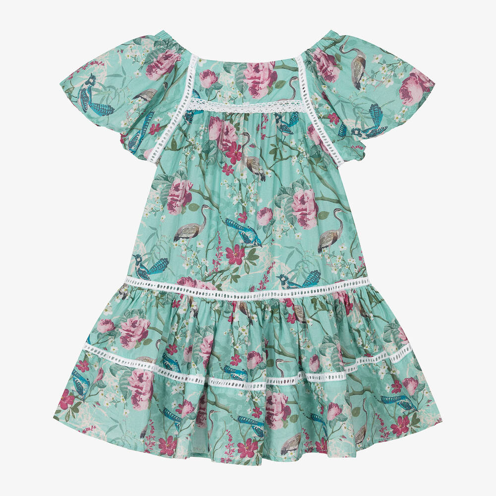 Olga Valentine-Girls Blue Cotton Floral Dress | Childrensalon Outlet