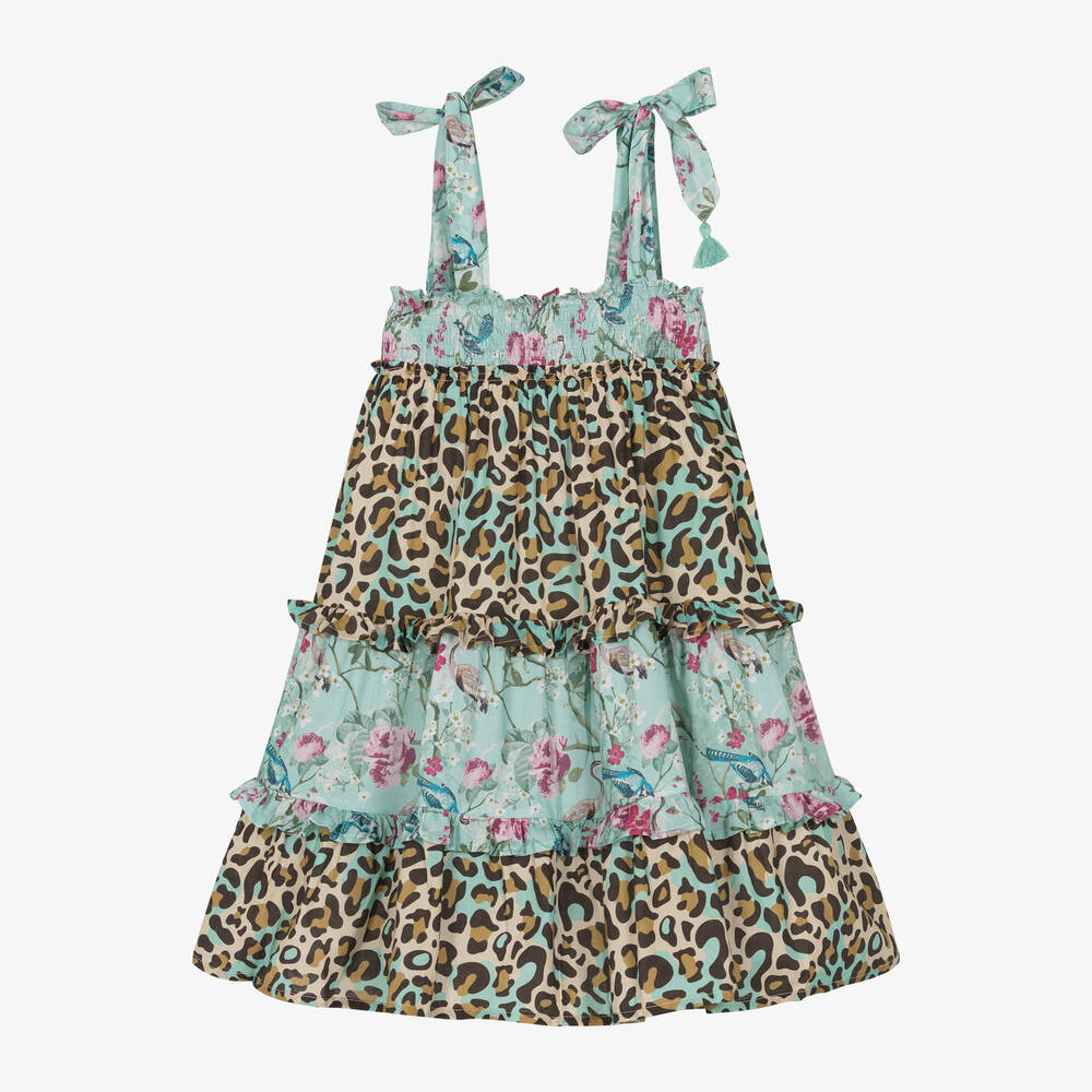 Olga Valentine-فستان قطن بوبلين لون أزرق وبيج بطبعة ورود | Childrensalon Outlet