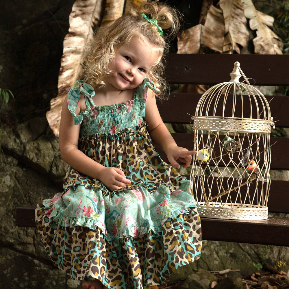 Olga Valentine-فستان قطن بوبلين لون أزرق وبيج بطبعة ورود | Childrensalon Outlet