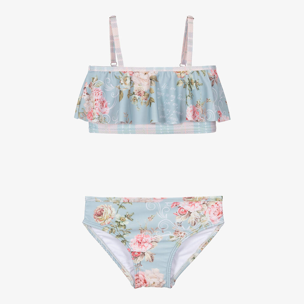 Olga Valentine - Girls Blue Floral Print Bikini (UPF50+) | Childrensalon