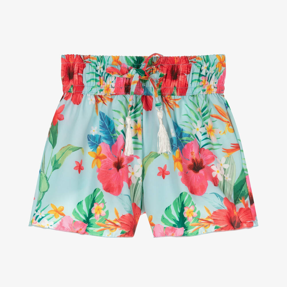 Olga Valentine - Girls Blue Floral Swim Shorts (UPF50+) | Childrensalon