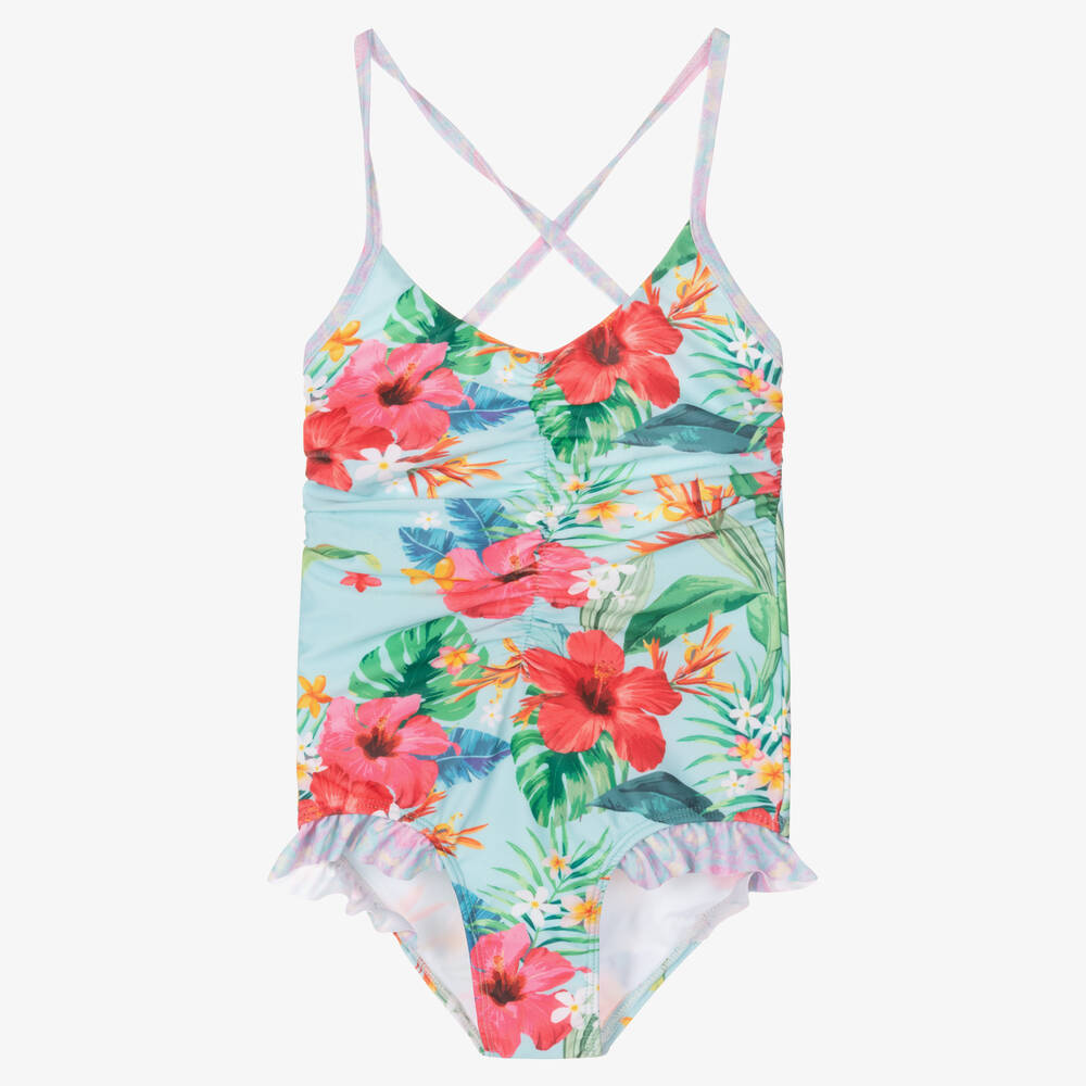 Olga Valentine - Girls Blue Floral Swimsuit (UPF50+) | Childrensalon