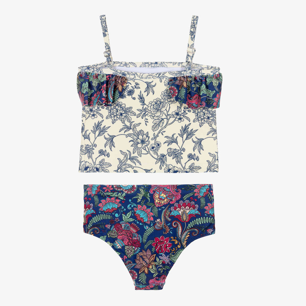 Olga Valentine-Girls Blue & Ivory Paisley Print Tankini (UPF50+) | Childrensalon Outlet
