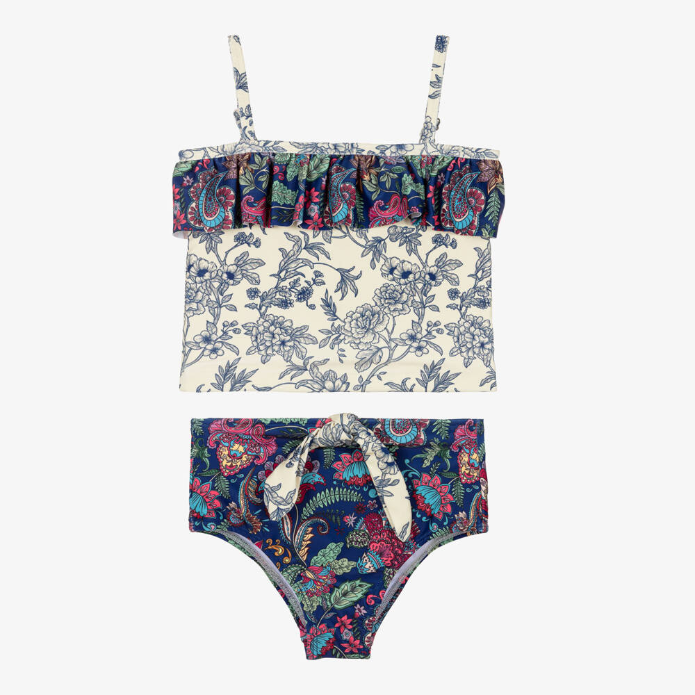 Olga Valentine-Girls Blue & Ivory Paisley Print Tankini (UPF50+) | Childrensalon Outlet