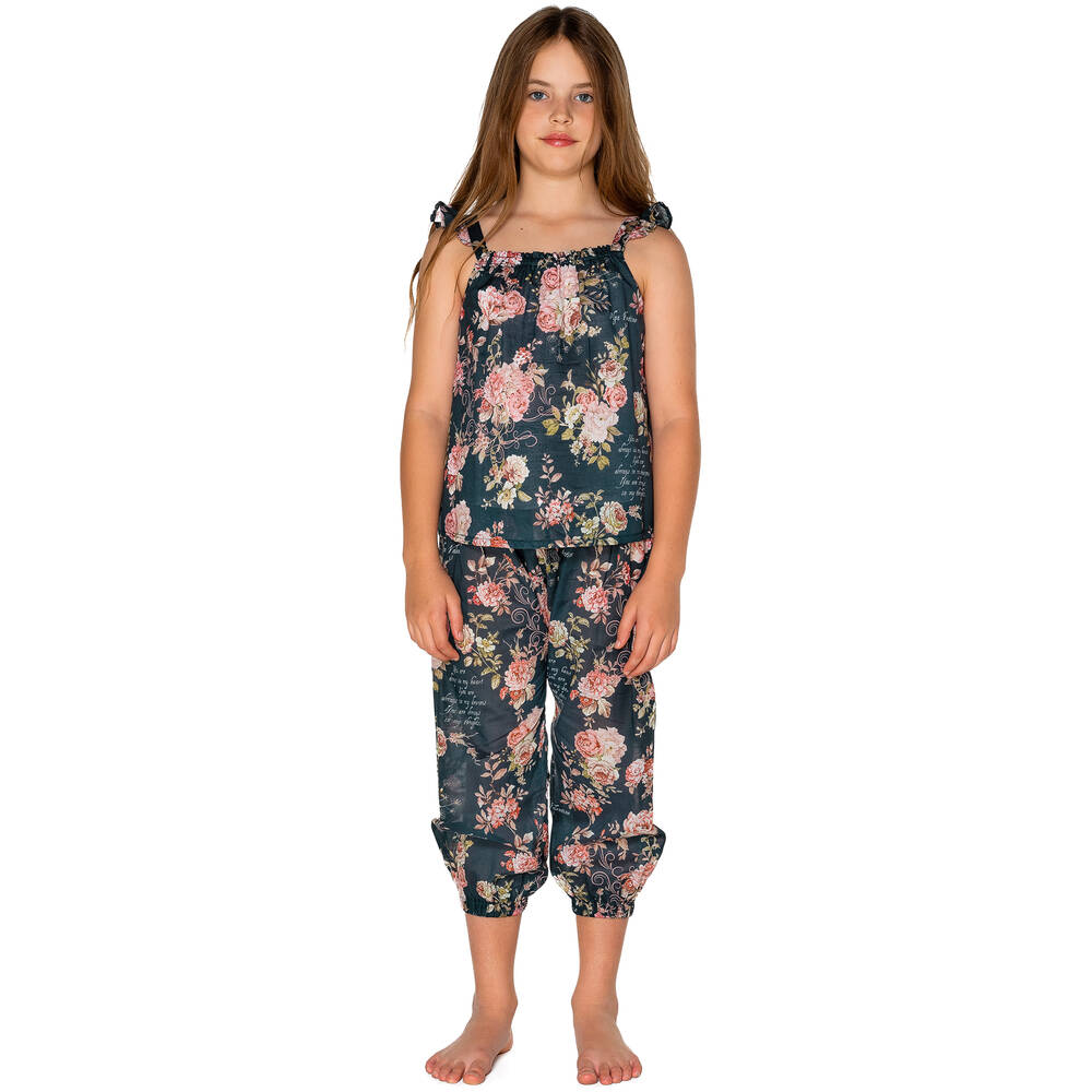 Olga Valentine-Girls Blue & Pink Cotton Floral Harem Trousers | Childrensalon Outlet