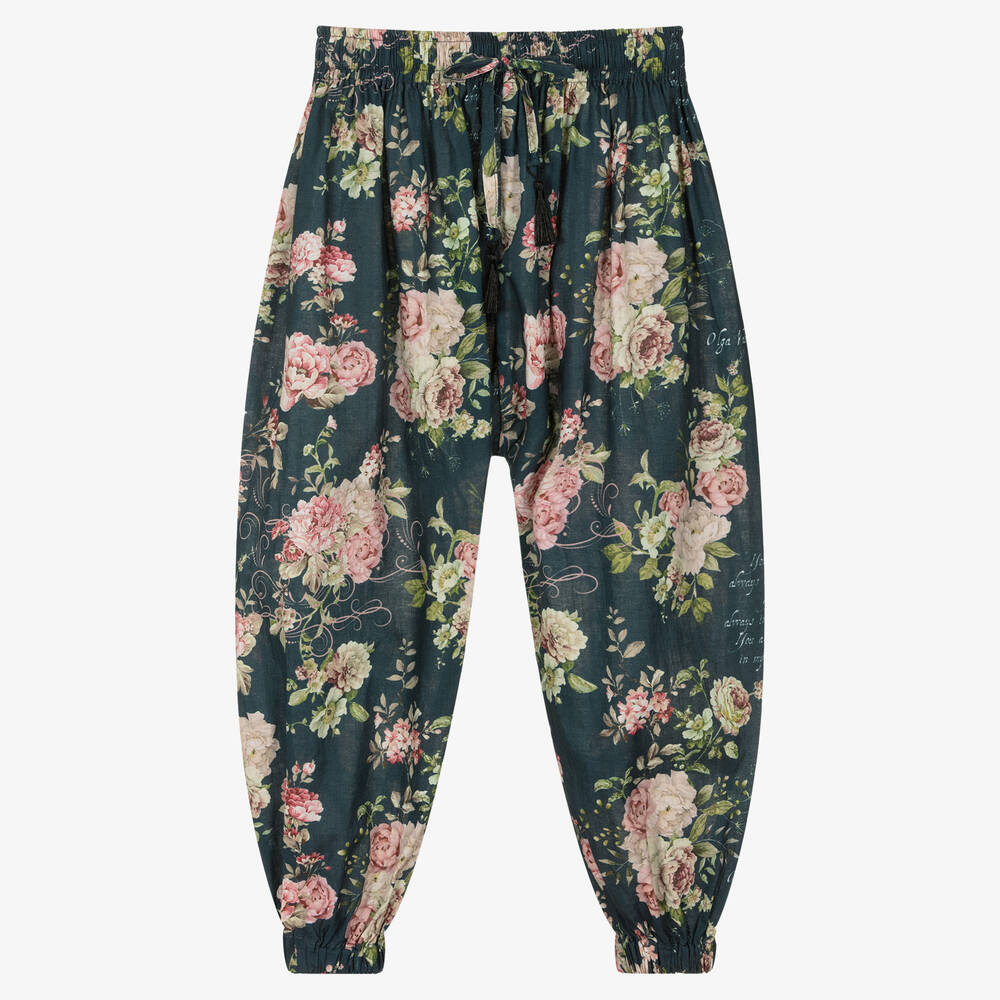 Olga Valentine - Girls Blue & Pink Cotton Floral Harem Trousers | Childrensalon