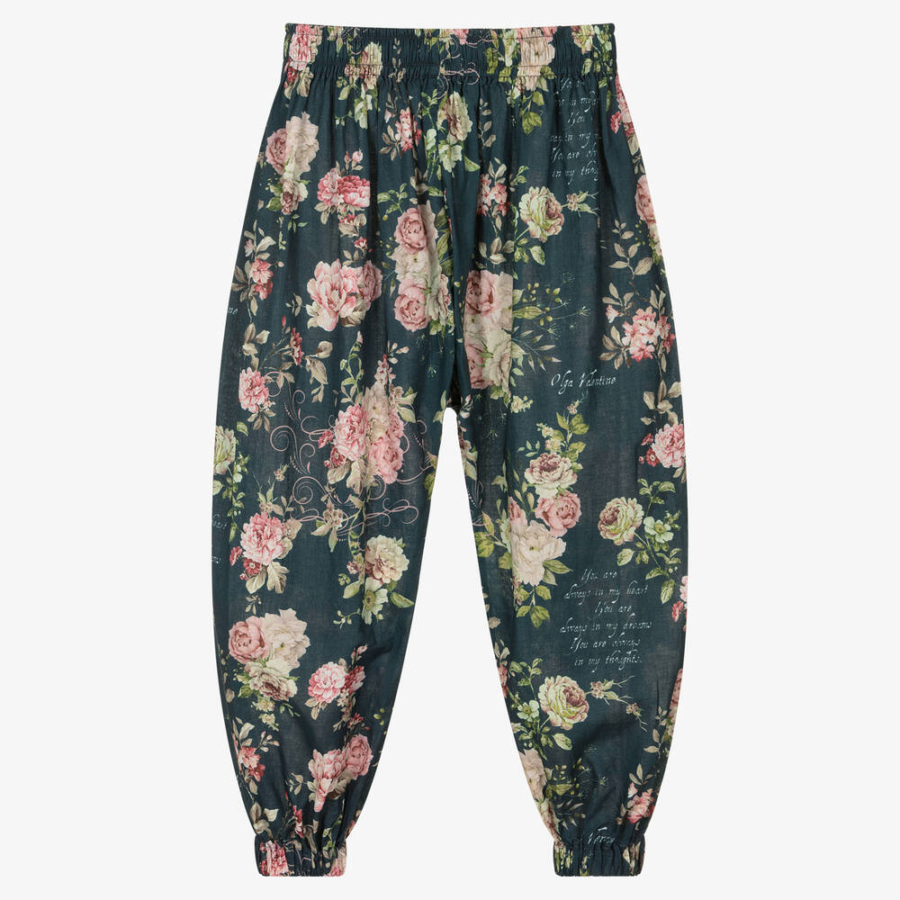 Olga Valentine-Girls Blue & Pink Cotton Floral Harem Trousers | Childrensalon Outlet