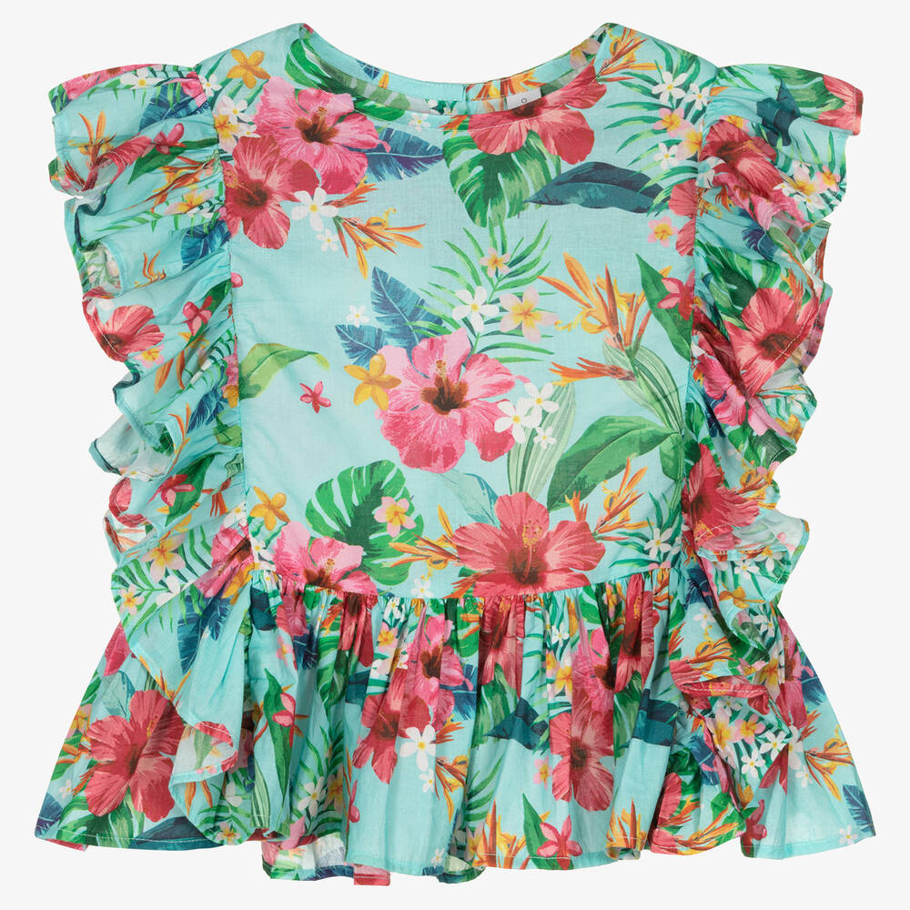 Olga Valentine - Girls Blue & Pink Floral Cotton Blouse | Childrensalon