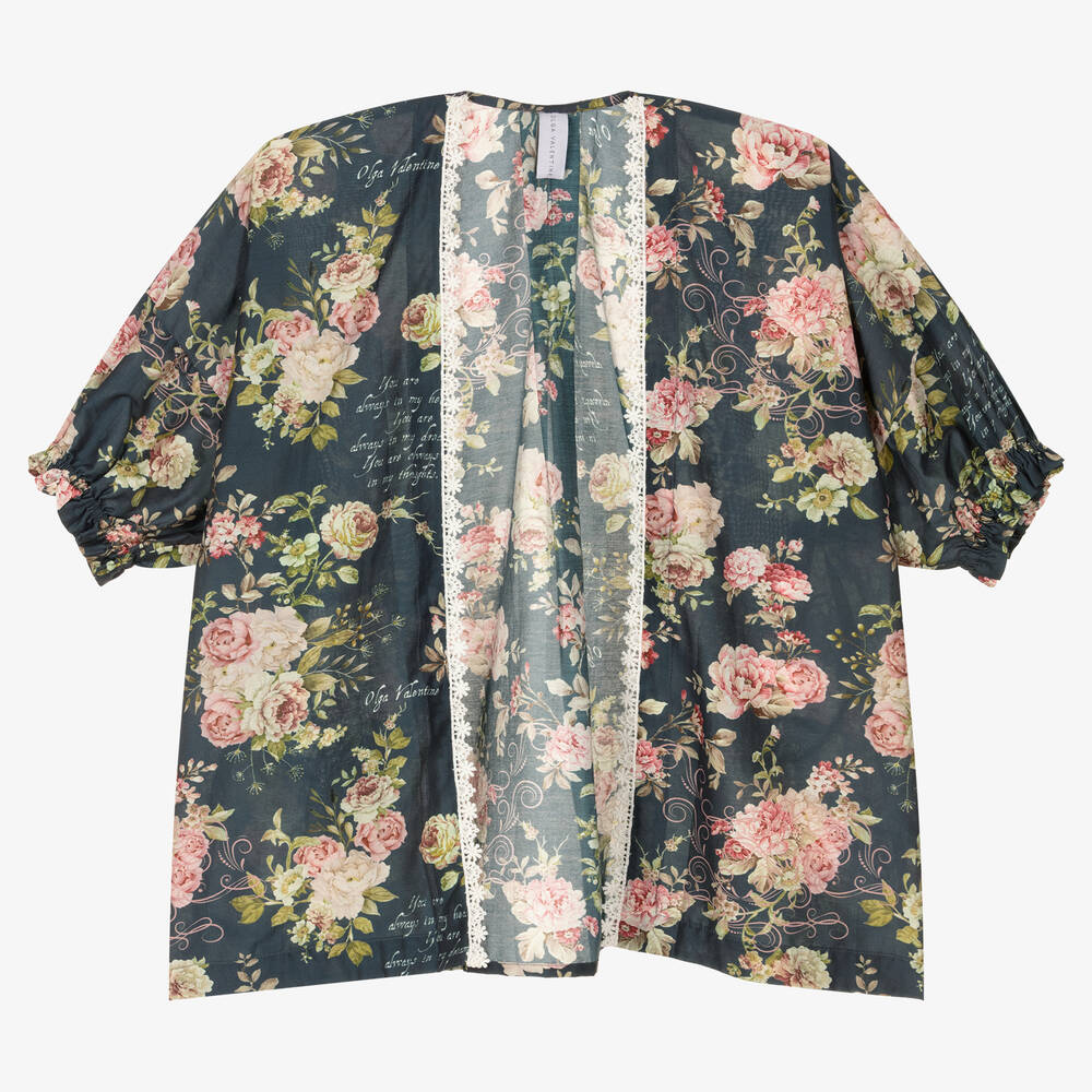 Olga Valentine-Girls Blue & Pink Silk Floral Kimono | Childrensalon Outlet