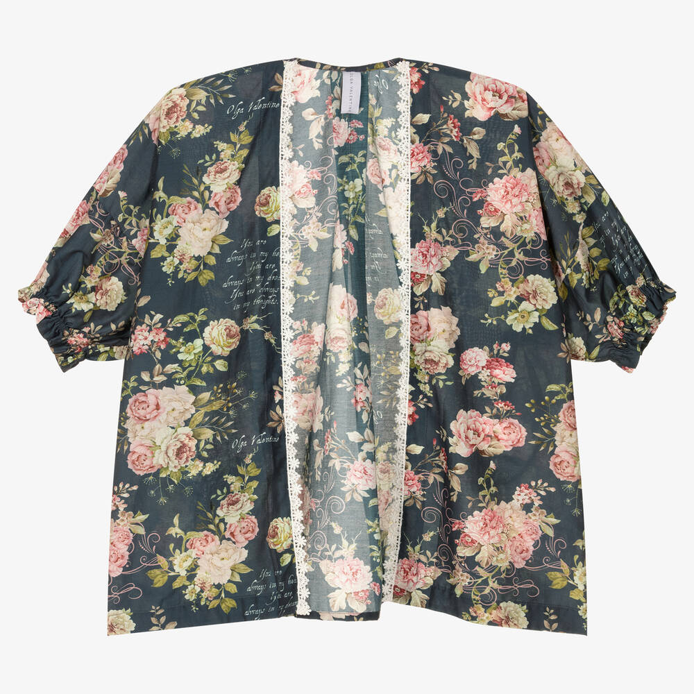 Olga Valentine - Girls Blue & Pink Silk Floral Kimono | Childrensalon