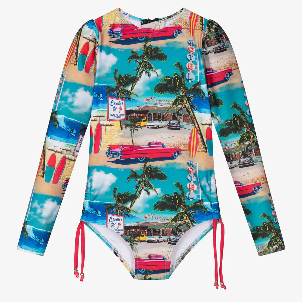 Olga Valentine - Girls Blue & Red Cadillac Swimsuit (UPF50+) | Childrensalon