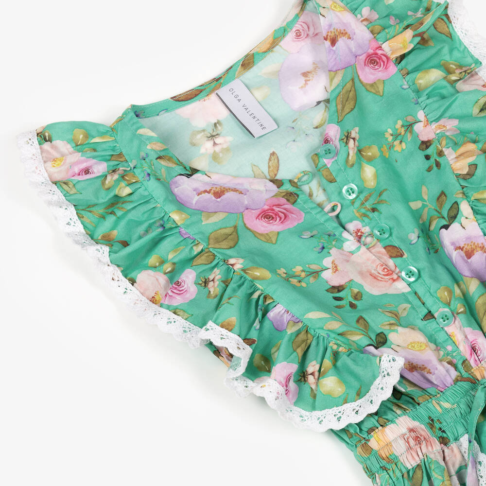 Olga Valentine-Girls Green Cotton Floral Jumpsuit | Childrensalon Outlet