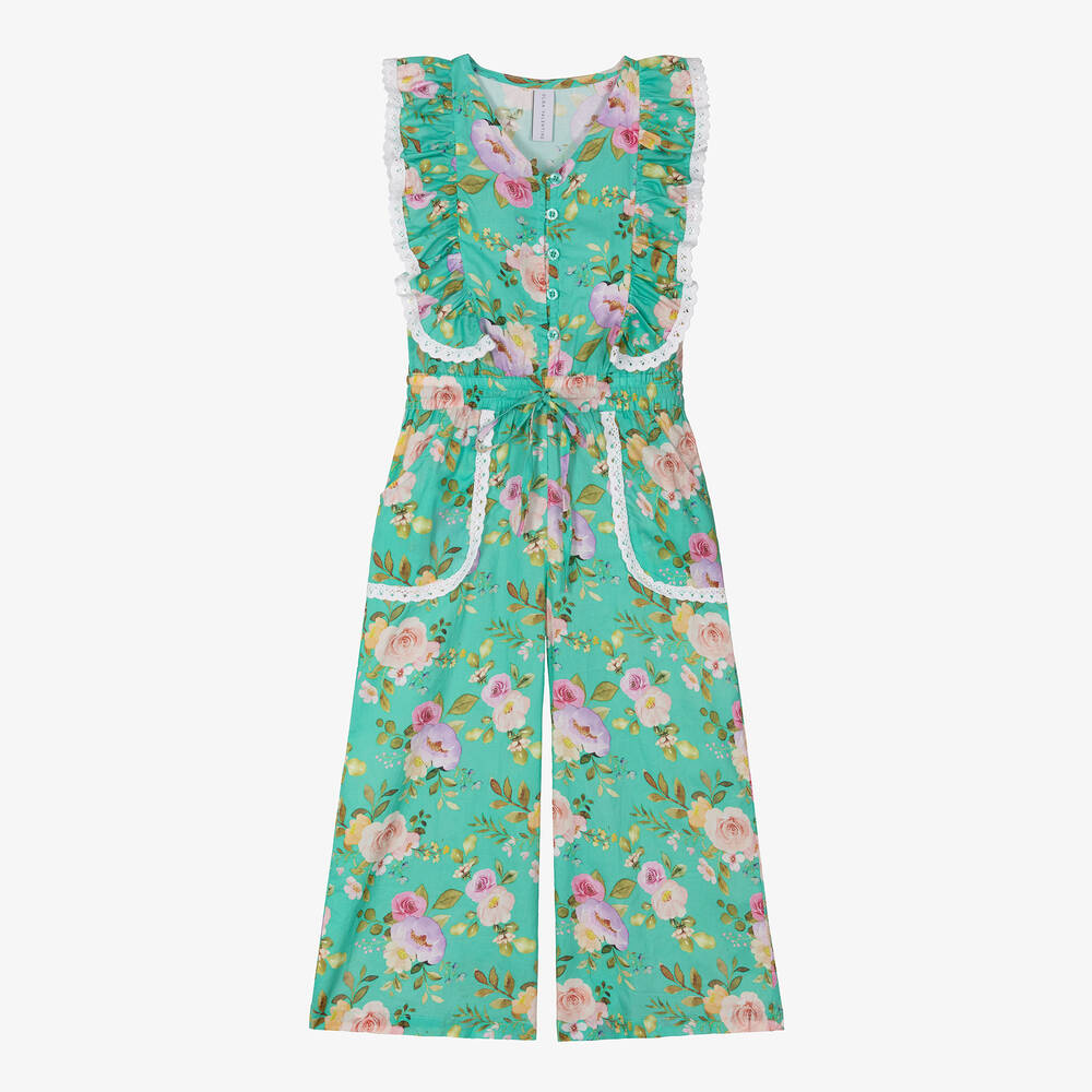 Olga Valentine-Girls Green Cotton Floral Jumpsuit | Childrensalon Outlet