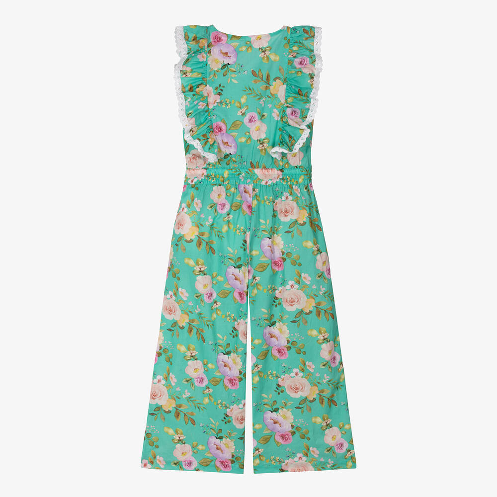 Olga Valentine-Girls Green Cotton Floral Jumpsuit | Childrensalon Outlet