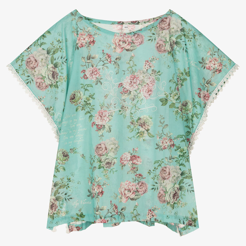 Olga Valentine - Girls Green Cotton Floral Kaftan | Childrensalon