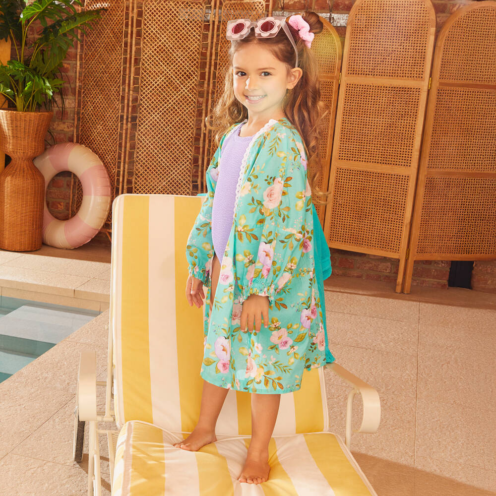 Olga Valentine-قفطان بطبعة ورود قطن لون أخضر للبنات | Childrensalon Outlet