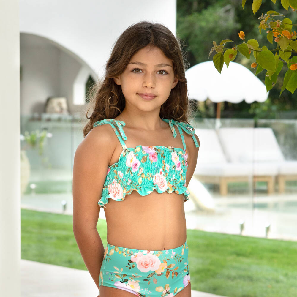 Olga Valentine-مايوه بكيني بطبعة ورود لون أخضر للبنات (UPF50+) | Childrensalon Outlet