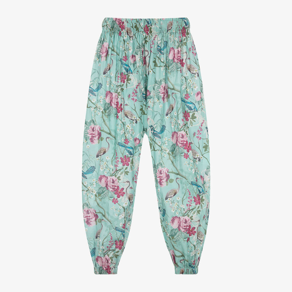 Olga Valentine-Girls Green Floral Print Cotton Trousers | Childrensalon Outlet