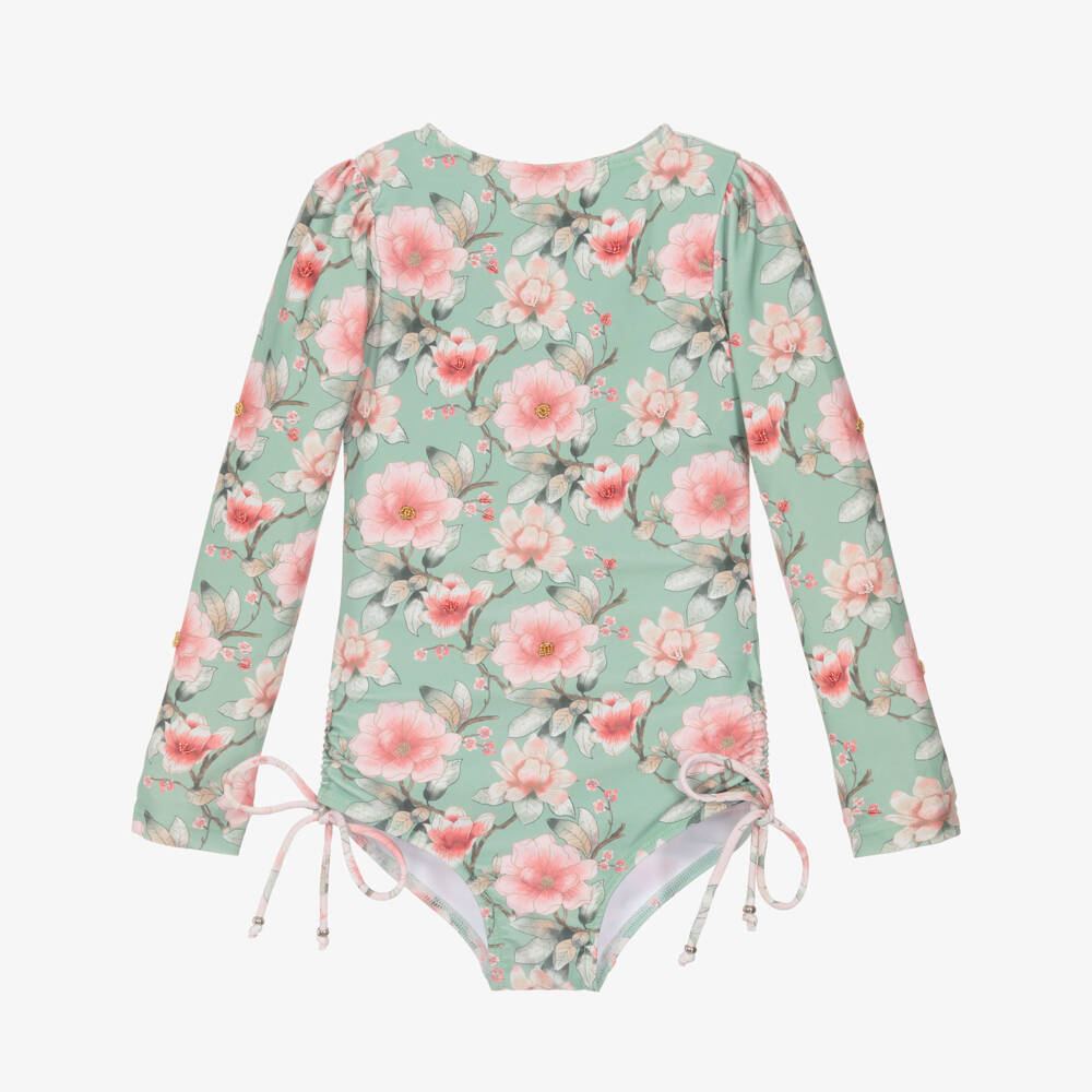 Olga Valentine-Girls Green Floral Print Long Sleeve Swimsuit (UPF50+) | Childrensalon Outlet