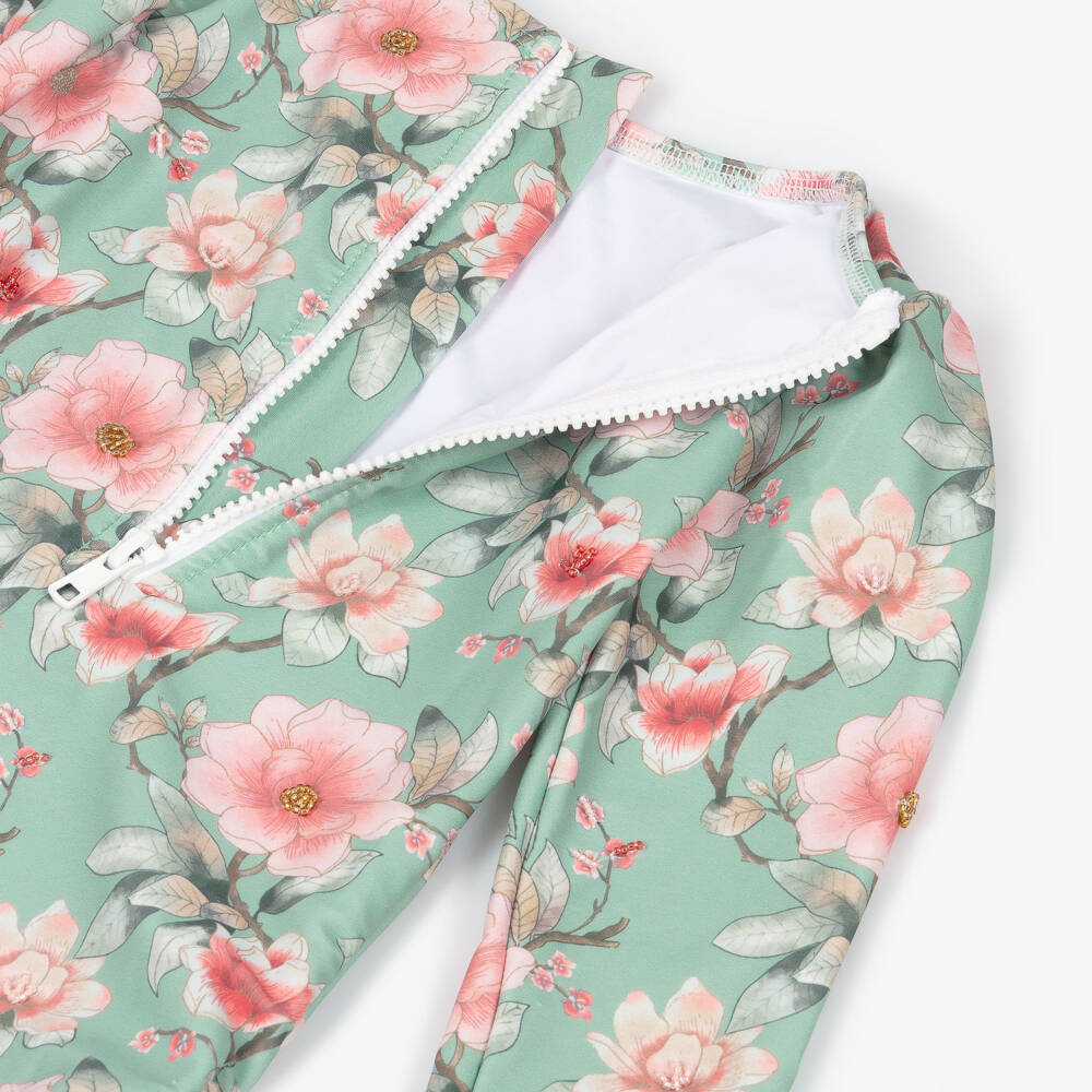Olga Valentine-Girls Green Floral Print Long Sleeve Swimsuit (UPF50+) | Childrensalon Outlet