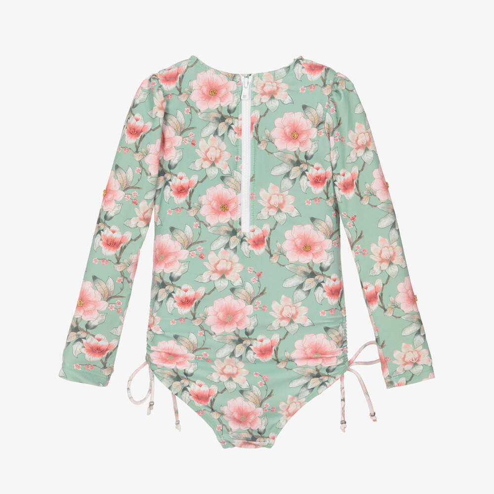Olga Valentine-Girls Green Floral Print Long Sleeve Swimsuit (UPF50+) | Childrensalon Outlet