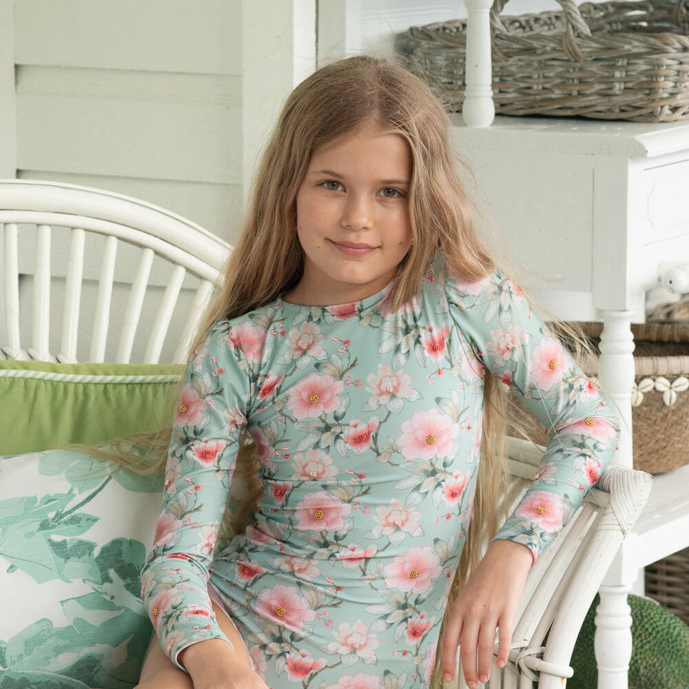 Olga Valentine-Girls Green Floral Print Long Sleeve Swimsuit (UPF50+) | Childrensalon Outlet