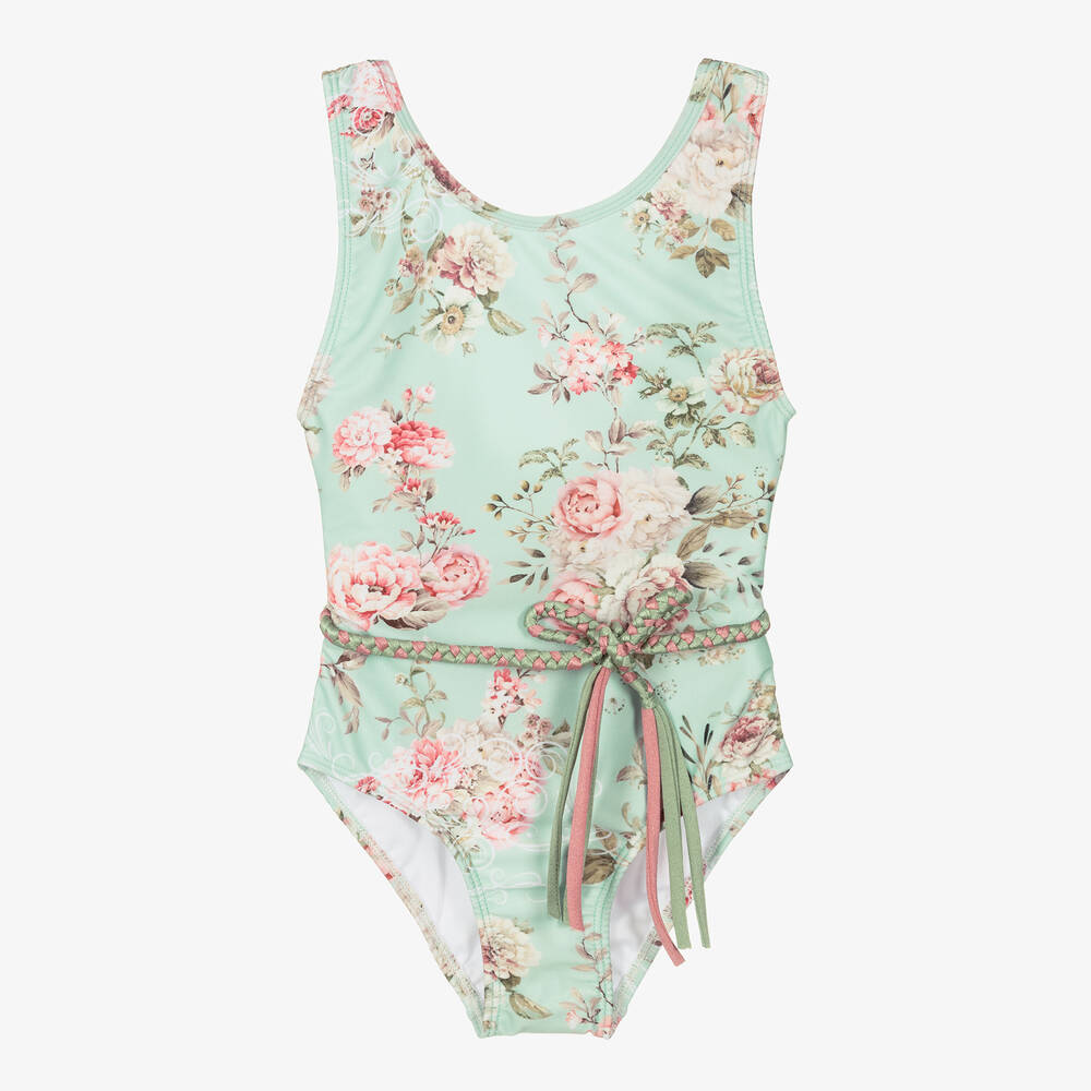 Olga Valentine - Girls Green Floral Print Swimsuit (UPF50+) | Childrensalon
