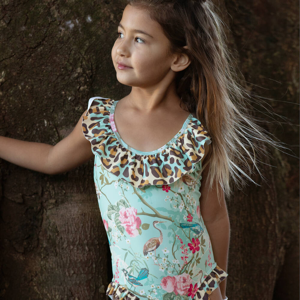 Olga Valentine-Girls Green Floral Ruffle Swimsuit (UPF50+) | Childrensalon Outlet