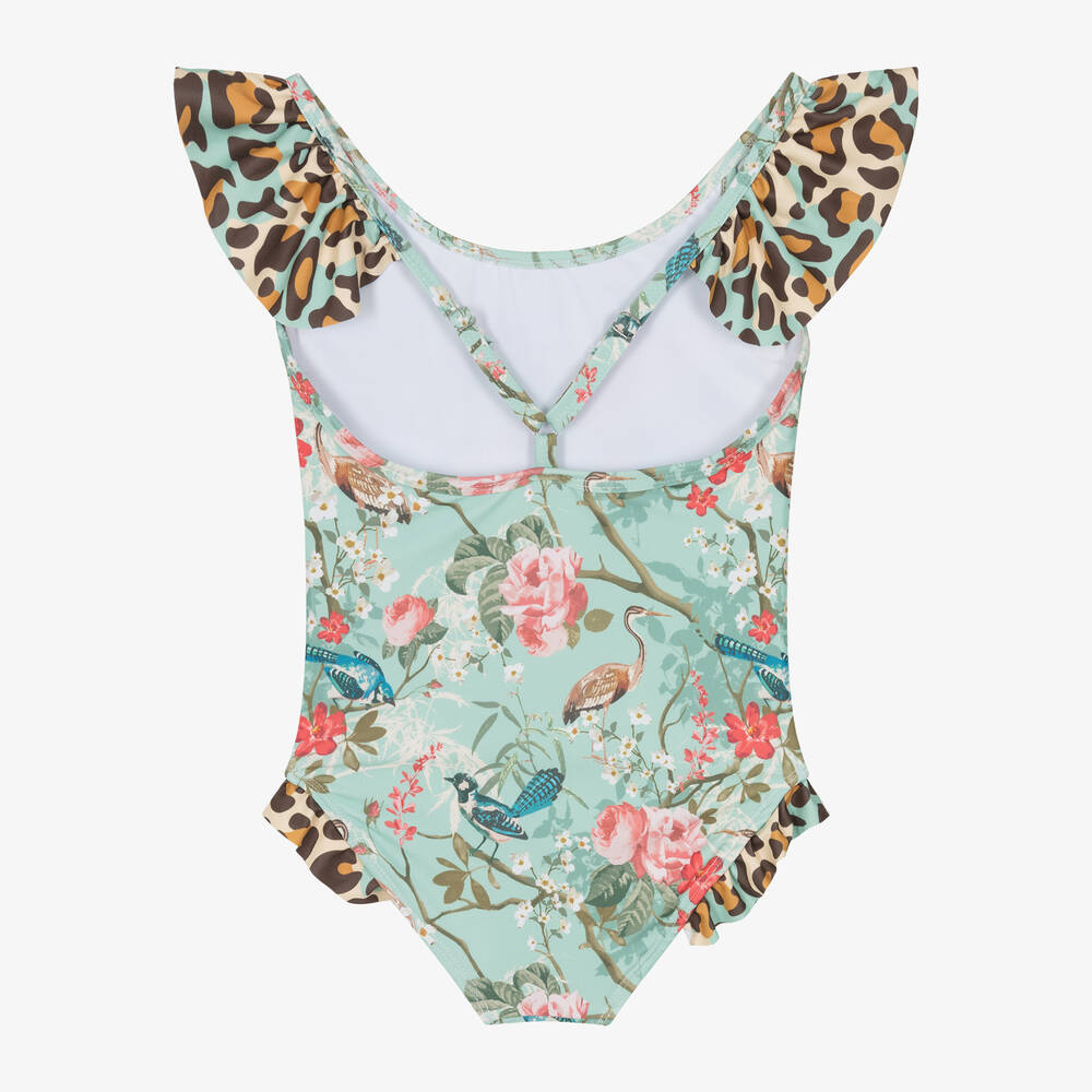 Olga Valentine-Girls Green Floral Ruffle Swimsuit (UPF50+) | Childrensalon Outlet