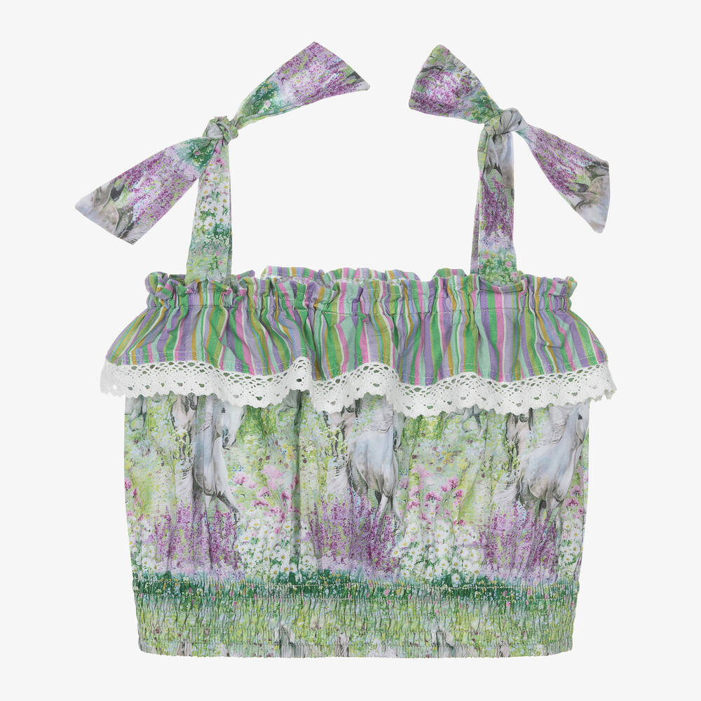 Olga Valentine-Girls Green Horse Print Cotton Blouse  | Childrensalon Outlet