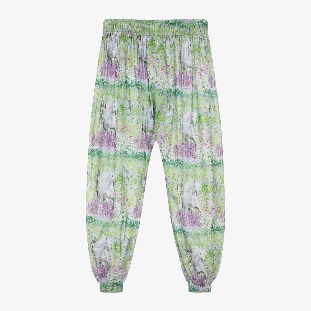Olga Valentine-Girls Green Horse Print Cotton Trousers | Childrensalon Outlet