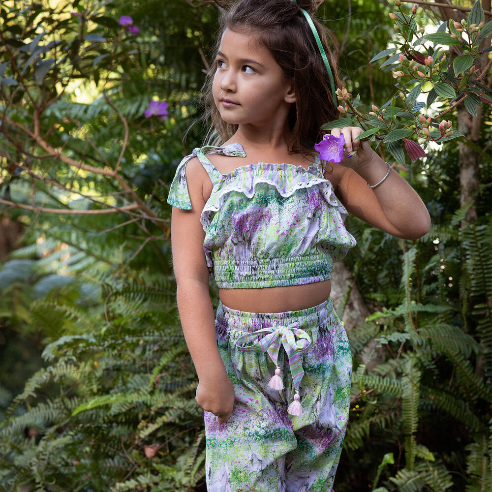 Olga Valentine-Girls Green Horse Print Cotton Trousers | Childrensalon Outlet