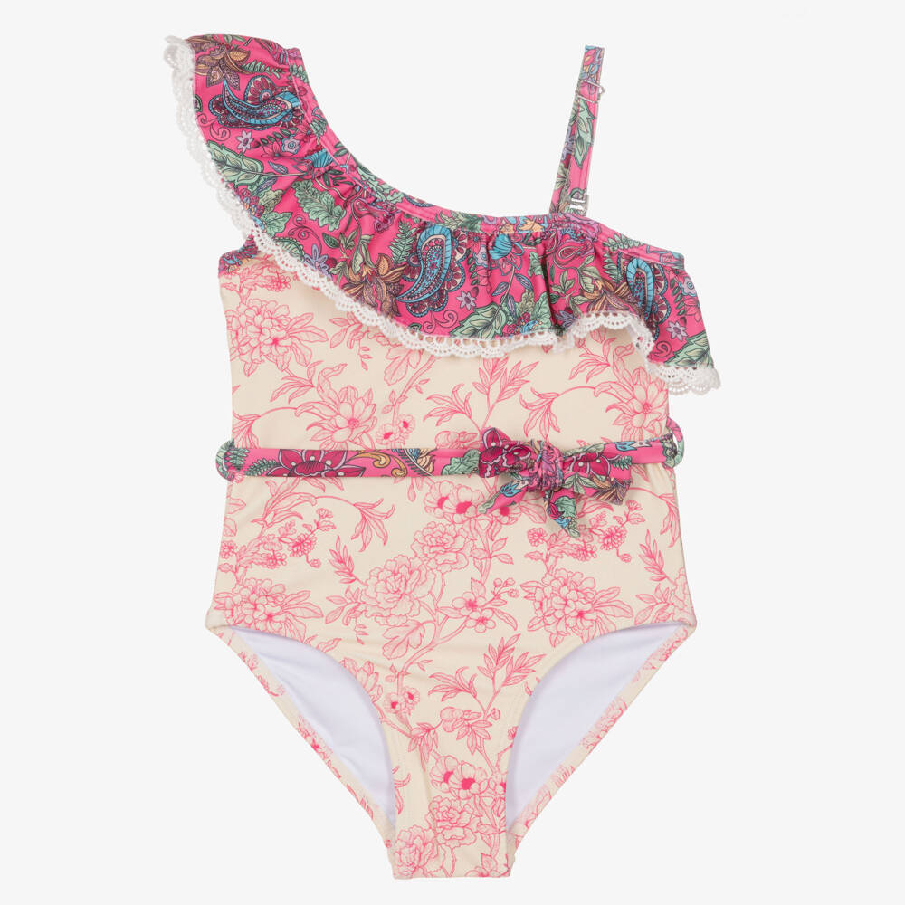 Olga Valentine-Girls Ivory & Pink Floral One-Shoulder Swimsuit | Childrensalon Outlet