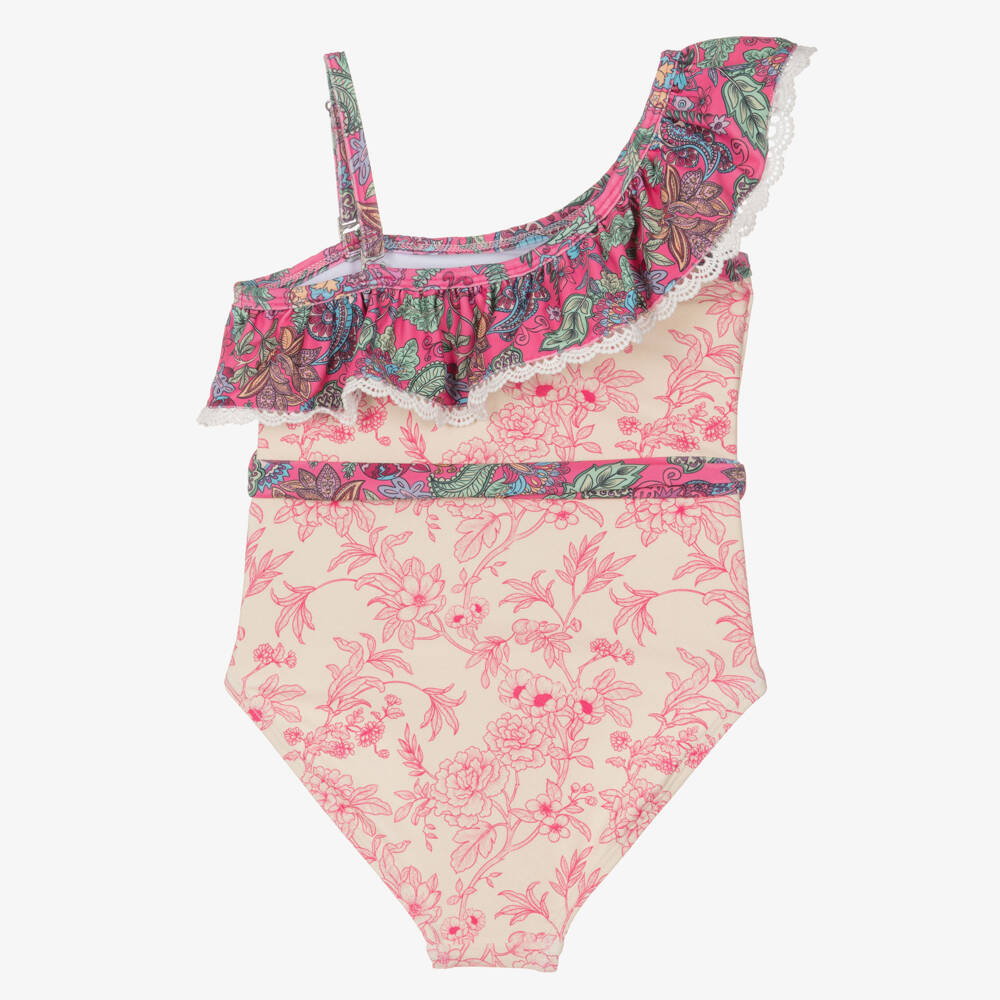 Olga Valentine-Girls Ivory & Pink Floral One-Shoulder Swimsuit | Childrensalon Outlet