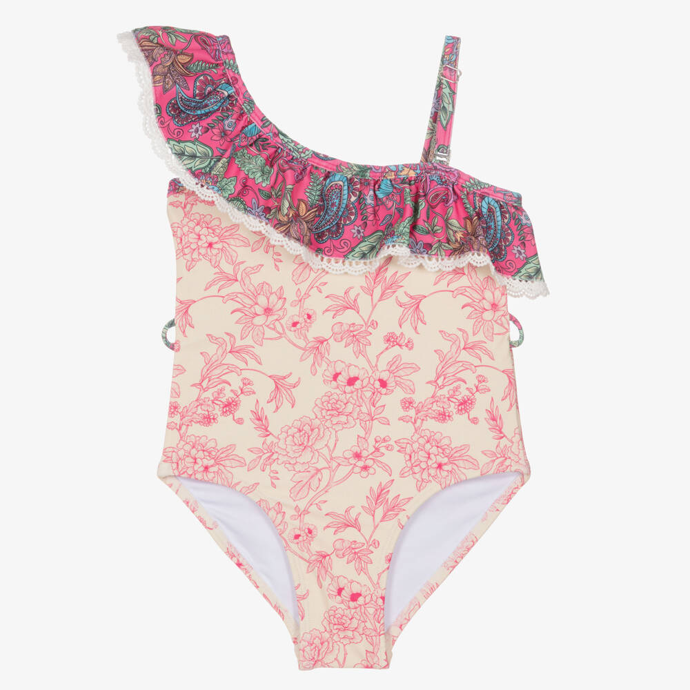 Olga Valentine-Girls Ivory & Pink Floral One-Shoulder Swimsuit | Childrensalon Outlet