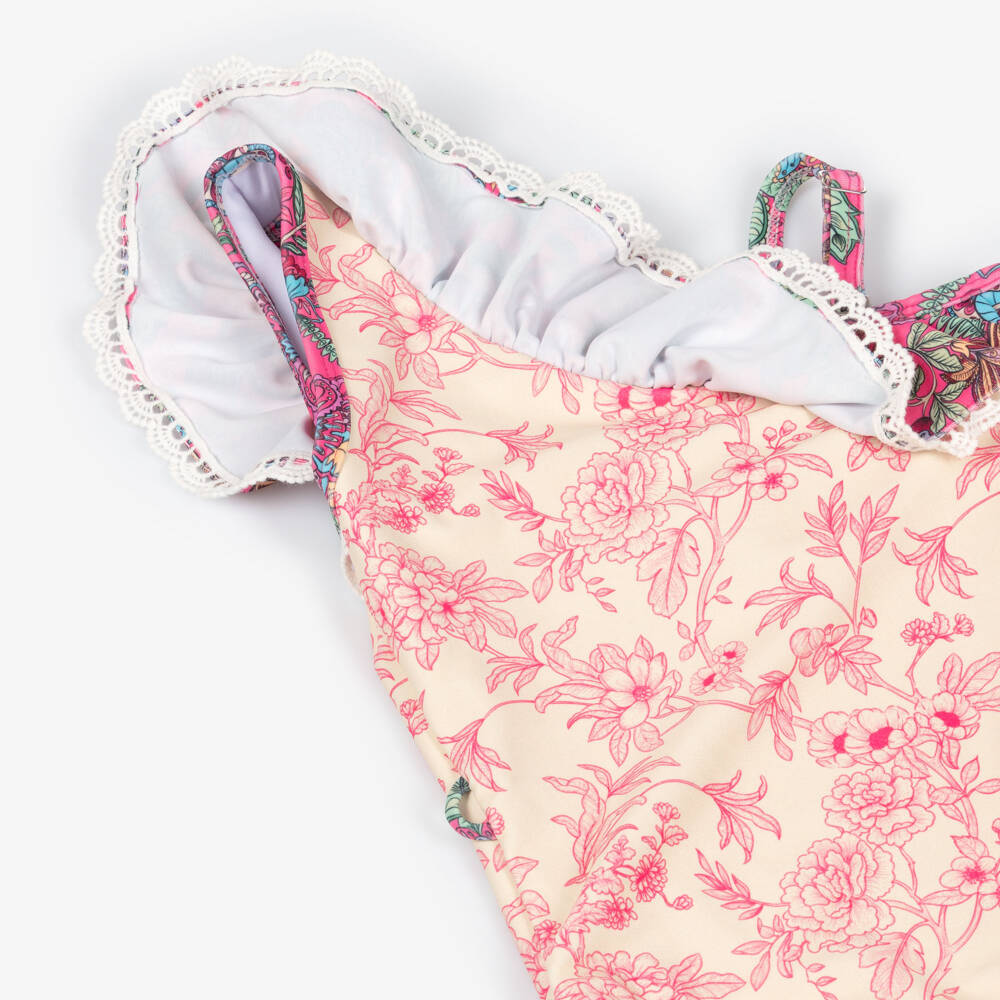 Olga Valentine-Girls Ivory & Pink Floral One-Shoulder Swimsuit | Childrensalon Outlet